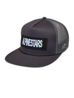 Alpinestars Ten Trucker keps, mörkgrå keps med platt skärm, broderad logotyp fram och ventilerande meshpaneler.