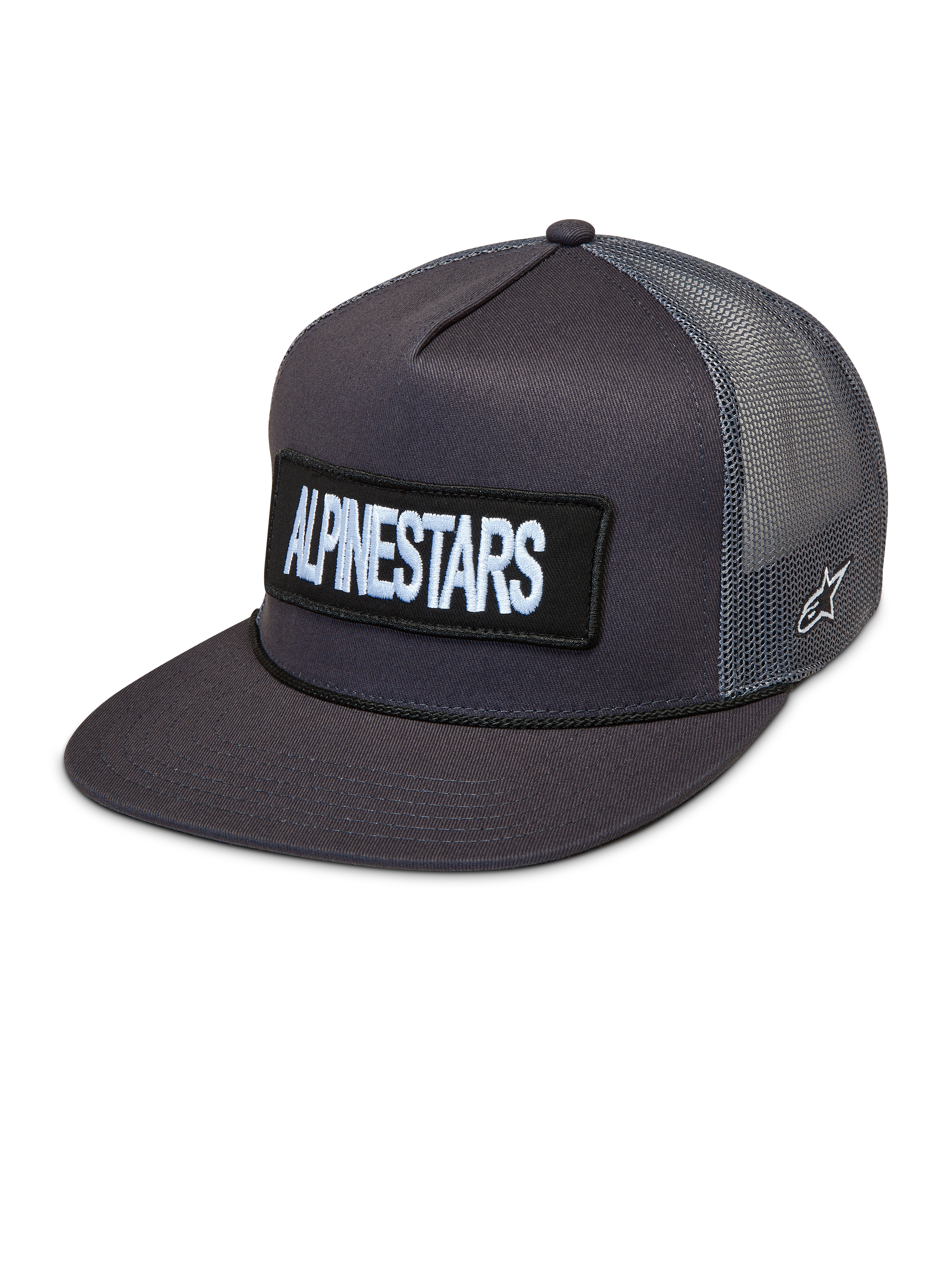 Alpinestars Ten Trucker keps, mörkgrå keps med platt skärm, broderad logotyp fram och ventilerande meshpaneler.