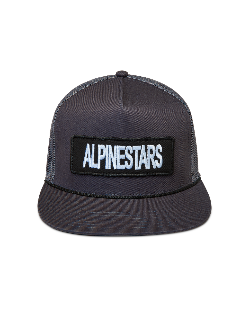 Alpinestars Ten Trucker keps, mörkgrå sportkeps med rak skärm, strukturerad krona och broderad logotyppatch.