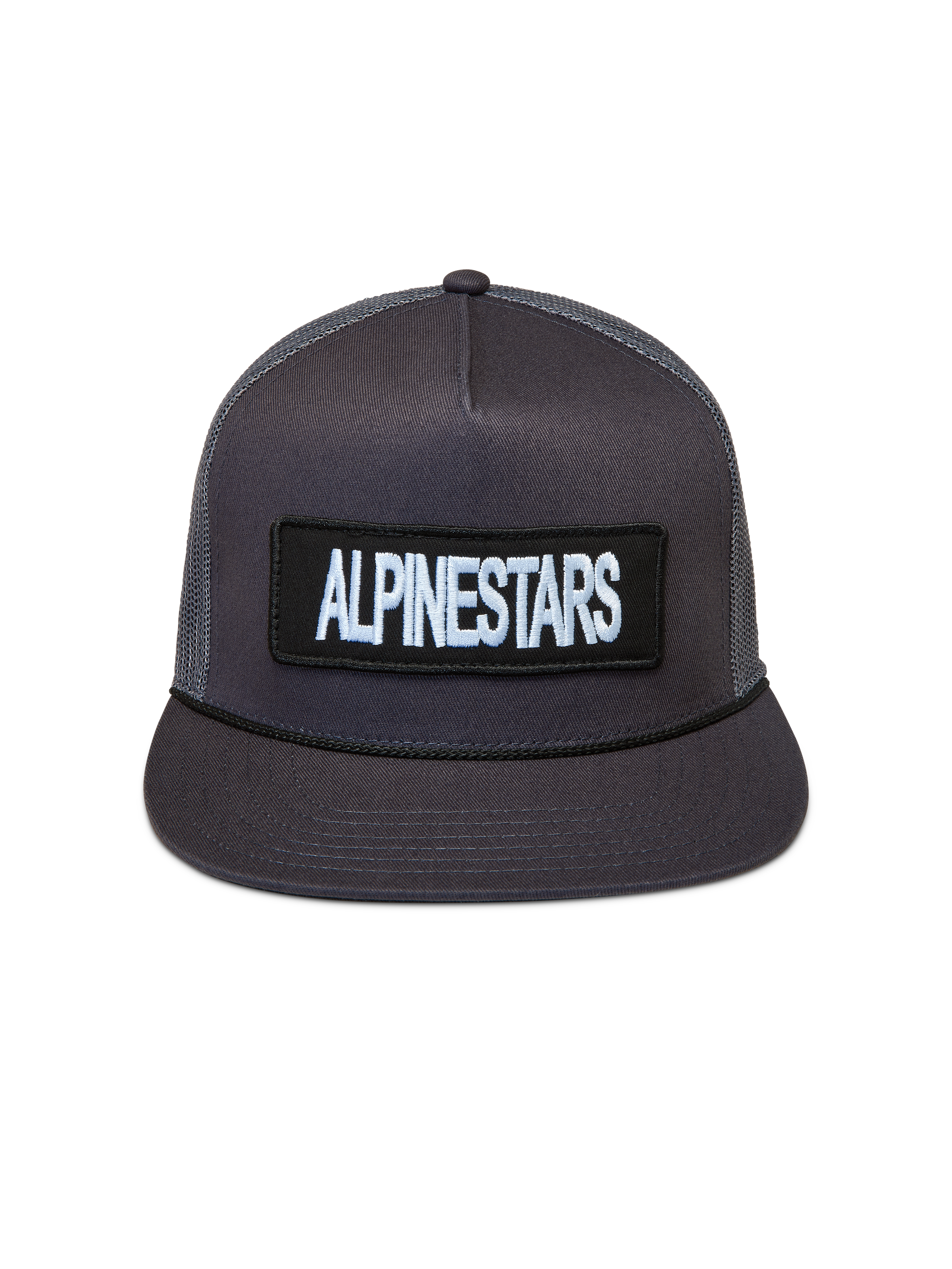 Alpinestars Ten Trucker keps, mörkgrå sportkeps med rak skärm, strukturerad krona och broderad logotyppatch.