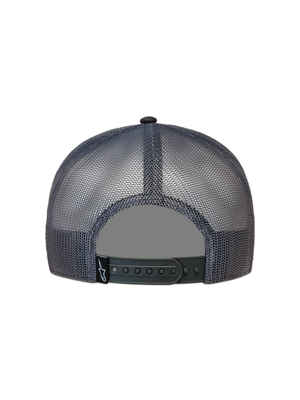 Alpinestars Ten Trucker hatt, mörkgrå keps med nätpaneler och justerbar snapback-knäppning, liten Astar-logotyp, vy bakifrån.