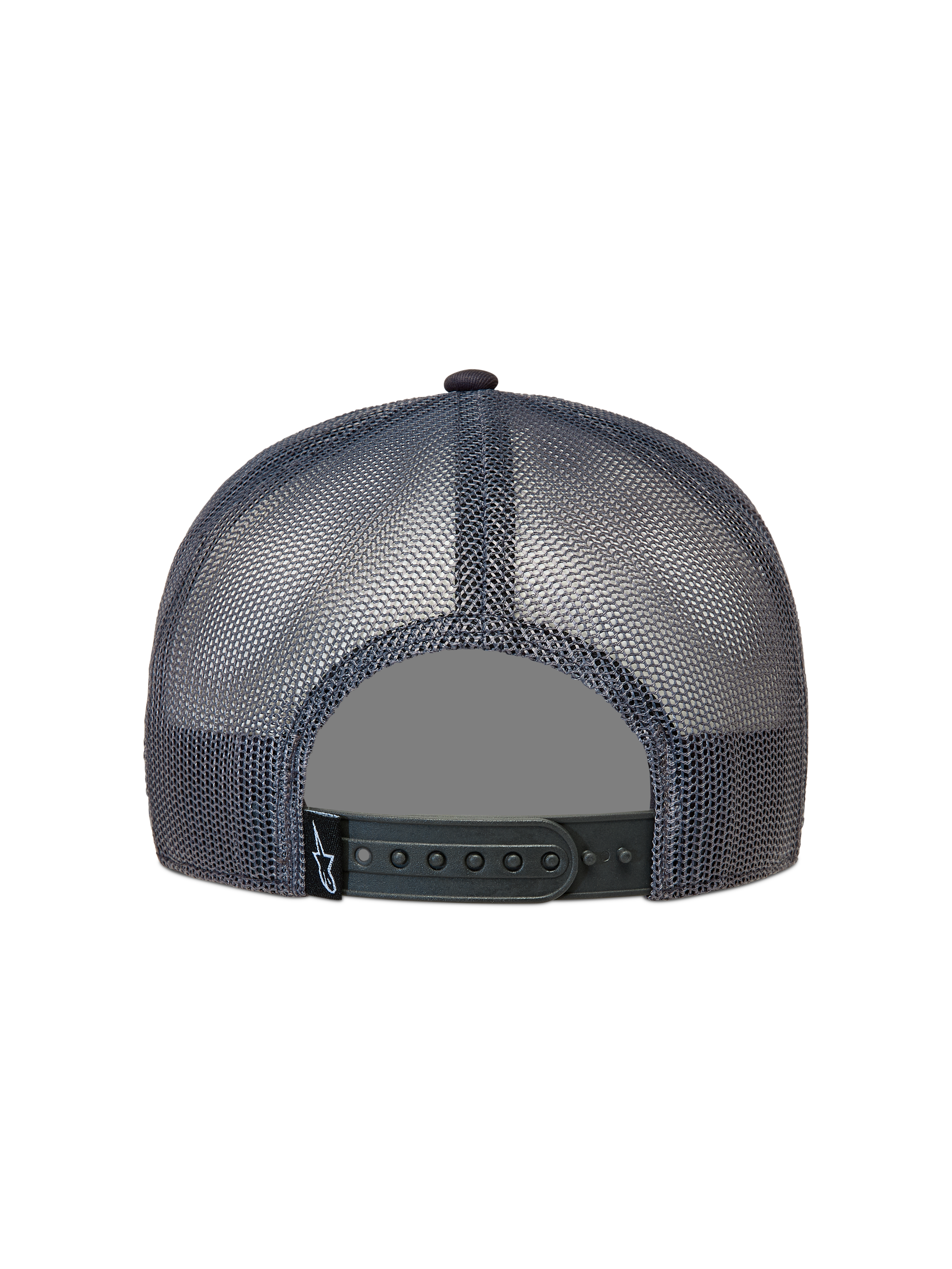 Alpinestars Ten Trucker hatt, mörkgrå keps med nätpaneler och justerbar snapback-knäppning, liten Astar-logotyp, vy bakifrån.
