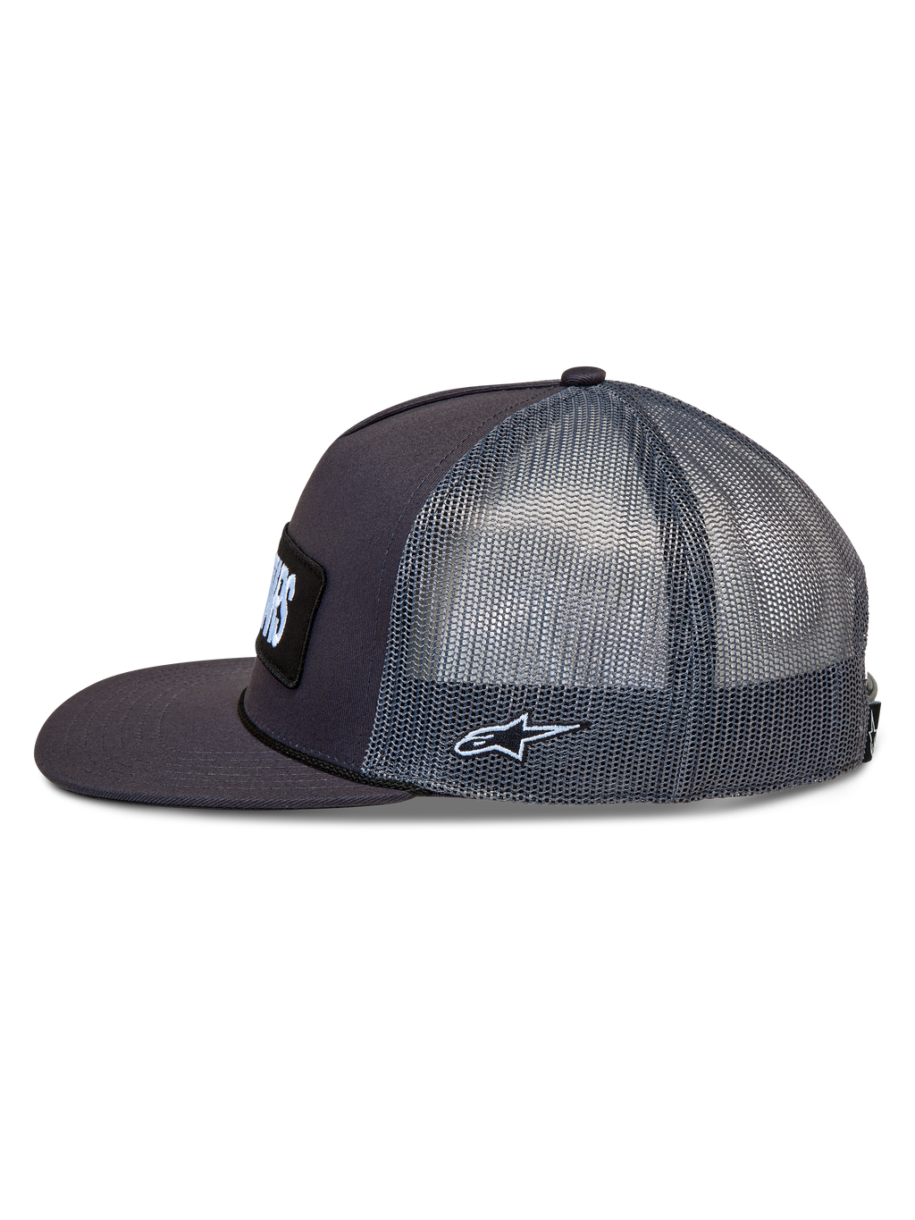 Alpinestars Ten Trucker keps, mörkgrå sportkeps med nätpaneler på sidan, platt skärm och broderad Astars-logotyp.