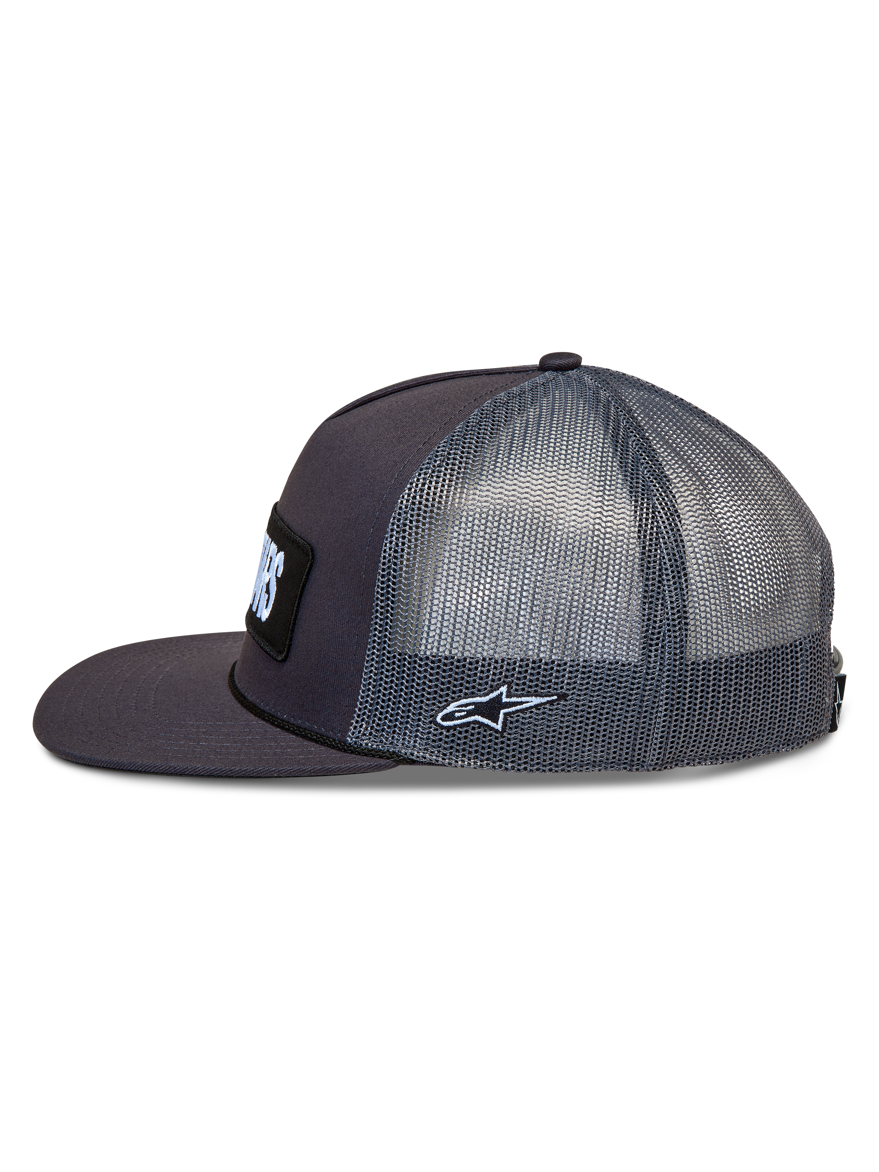 Alpinestars Ten Trucker keps, mörkgrå sportkeps med nätpaneler på sidan, platt skärm och broderad Astars-logotyp.