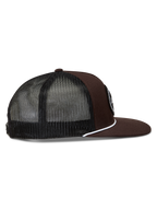 Alpinestars Hotlink Trucker Hat, brown and black sportswear cap with mesh back, flat bill, and white rope piping detail.