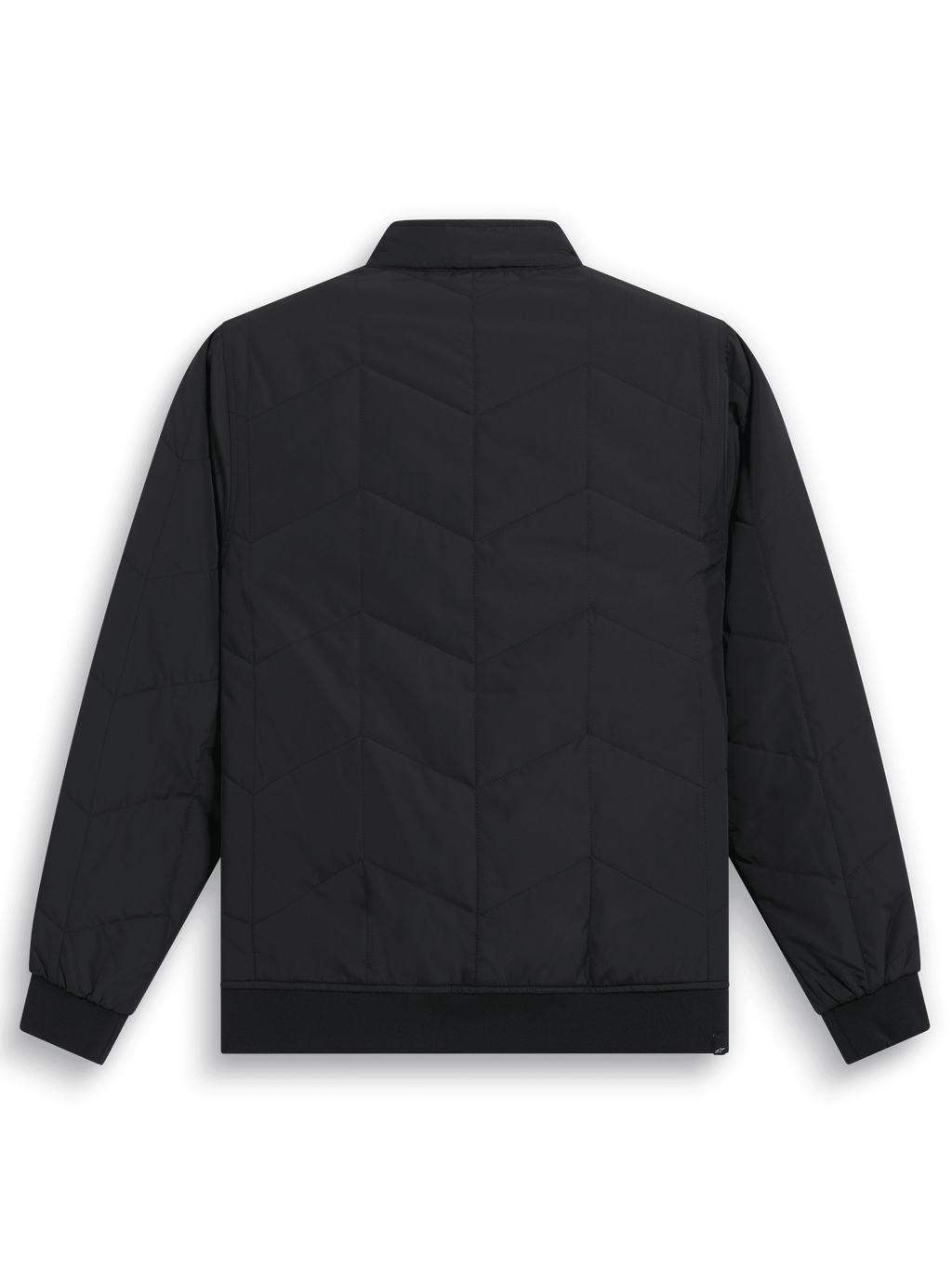 Alpinestars Precedent-jacka, quiltad F1-inspirerad sportjacka, svart, baksida som visar ikoniskt vinklat quiltmönster, ribbstickade muddar och nederkant, låg krage, vardaglig motorsportinspirerad design