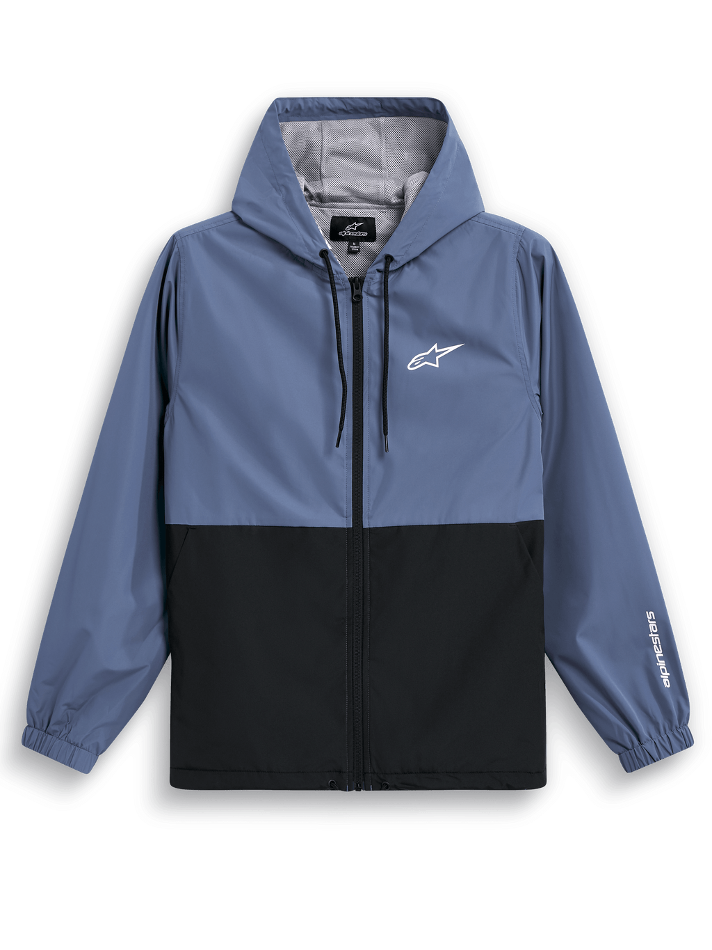 Alpinestars Speeder vindjacka, lätt vindjacka med huva, skifferblå och svart, färgblockerad design med vit logotyp på bröstet och logga på ärmen, meshfoder och justerbar huva med dragsnöre