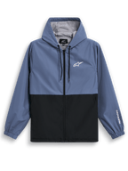 Alpinestars Speeder vindjacka, lätt vindjacka med huva, skifferblå och svart, färgblockerad design med vit logotyp på bröstet och logga på ärmen, meshfoder och justerbar huva med dragsnöre