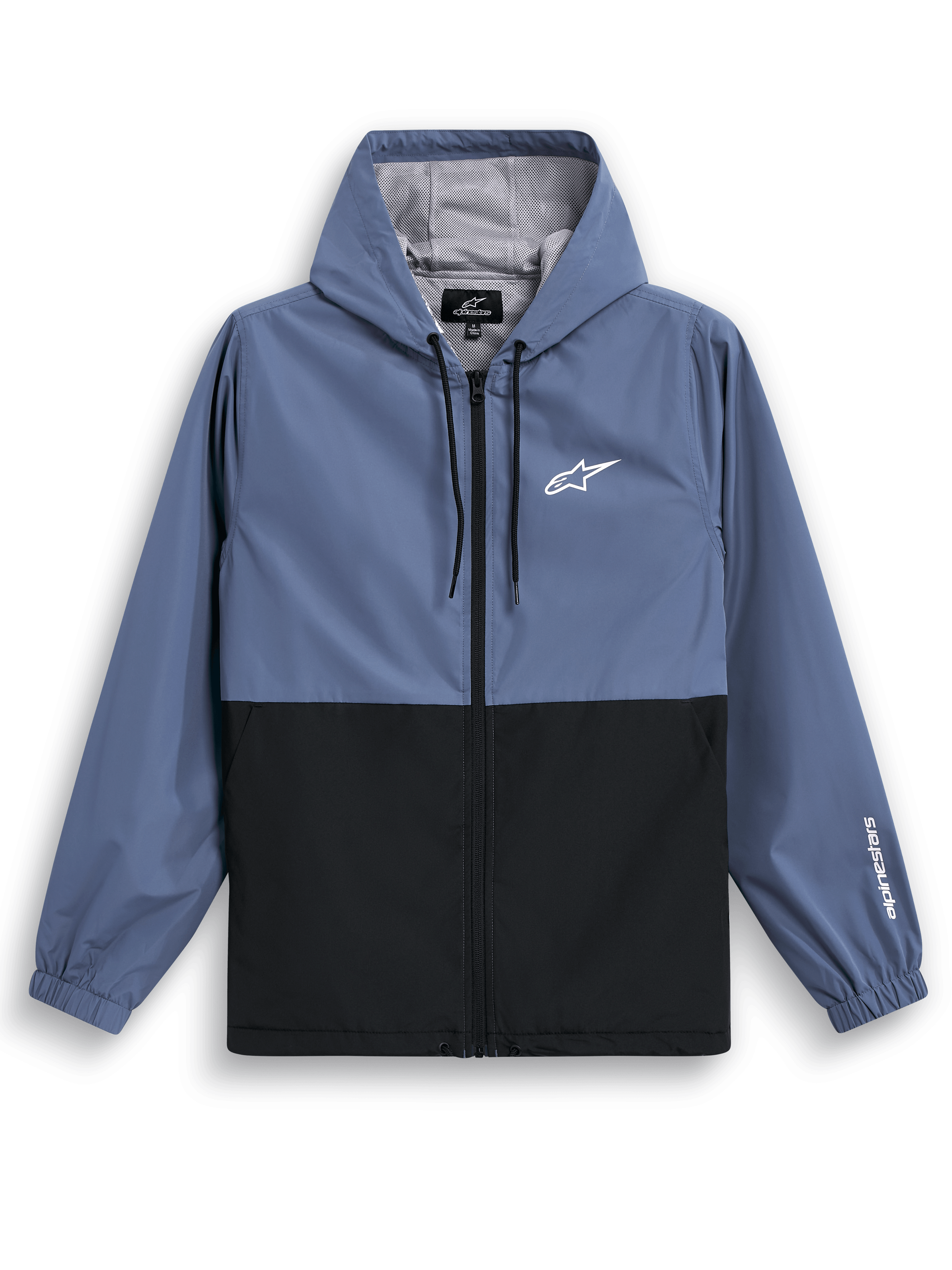 Alpinestars Speeder vindjacka, lätt vindjacka med huva, skifferblå och svart, färgblockerad design med vit logotyp på bröstet och logga på ärmen, meshfoder och justerbar huva med dragsnöre