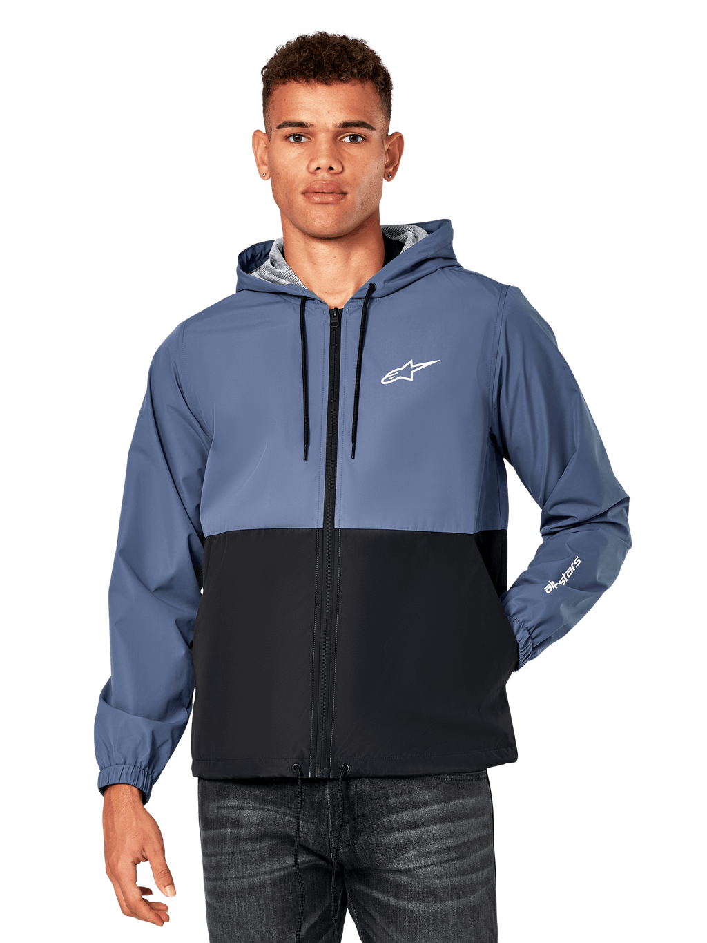 Alpinestars Speeder Windbreaker Jacket, avslappnad vindjacka med huva, blockfärgad design i skifferblått och svart, vit Astar-logotyp på bröstet och logotyp på ärmen, dragkedja fram, huva med dragsnöre, lätt meshfoder
