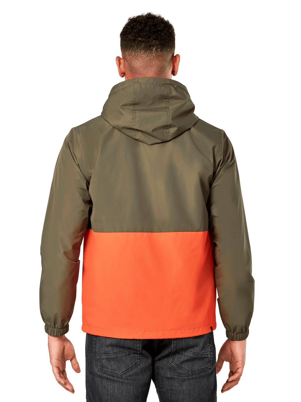 Alpinestars Speeder vindjacka, lätt vindjacka med huva, blockfärgad design i militärgrönt och orange, baksida som visar huva och elastiska muddar, avslappnad sportstil