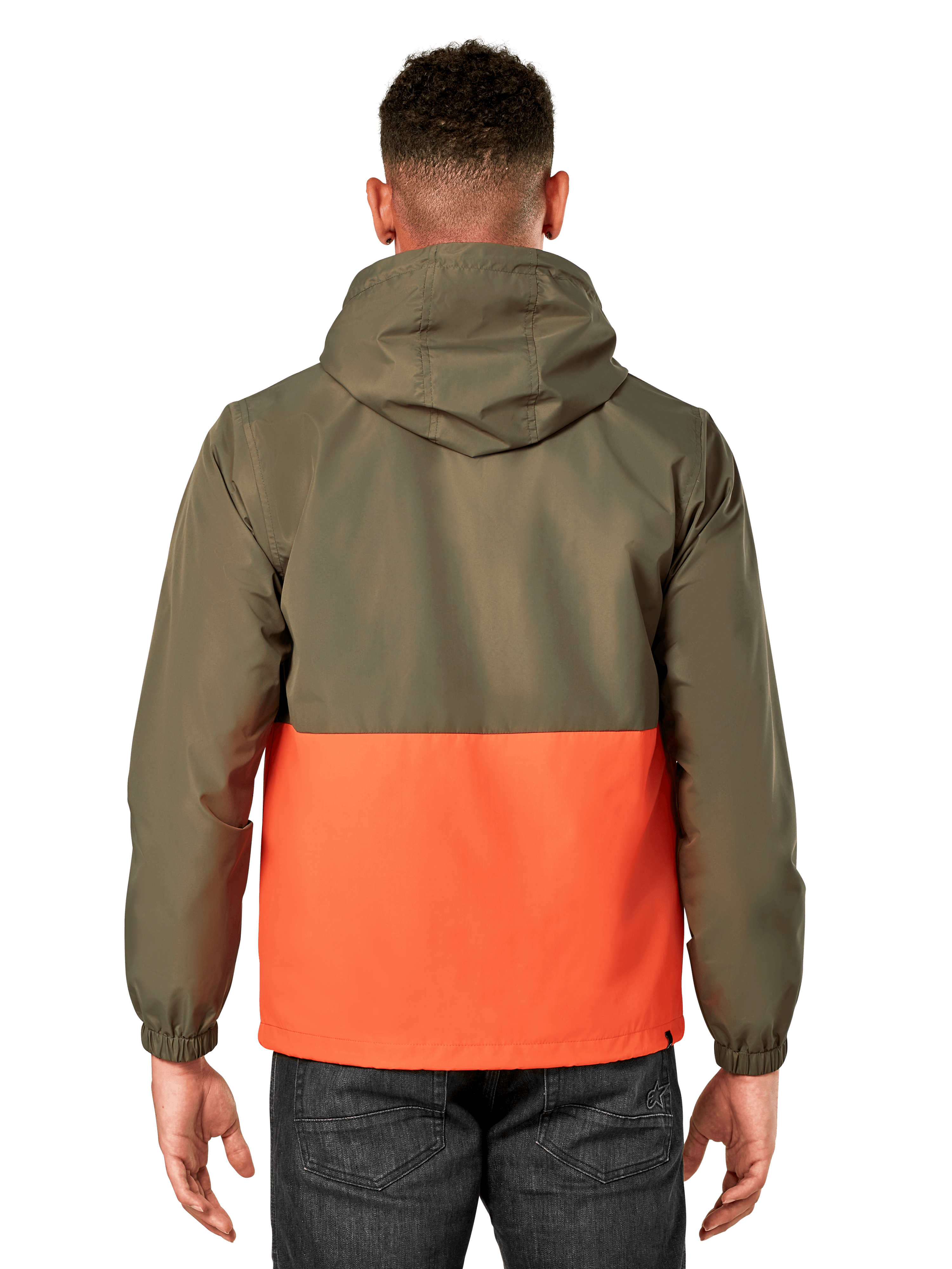 Alpinestars Speeder vindjacka, lätt vindjacka med huva, blockfärgad design i militärgrönt och orange, baksida som visar huva och elastiska muddar, avslappnad sportstil