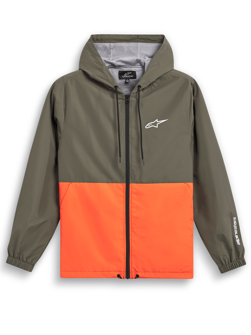 Alpinestars Speeder Windbreaker Jacket, avslappnade sportkläder, olivgrön och livfull orange färgblocksdesign, vit Astars-logotyp på bröst och ärm, huva med meshfoder, justerbara dragsnören, elastiska muddar