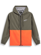 Alpinestars Speeder Windbreaker Jacket, avslappnade sportkläder, olivgrön och livfull orange färgblocksdesign, vit Astars-logotyp på bröst och ärm, huva med meshfoder, justerbara dragsnören, elastiska muddar