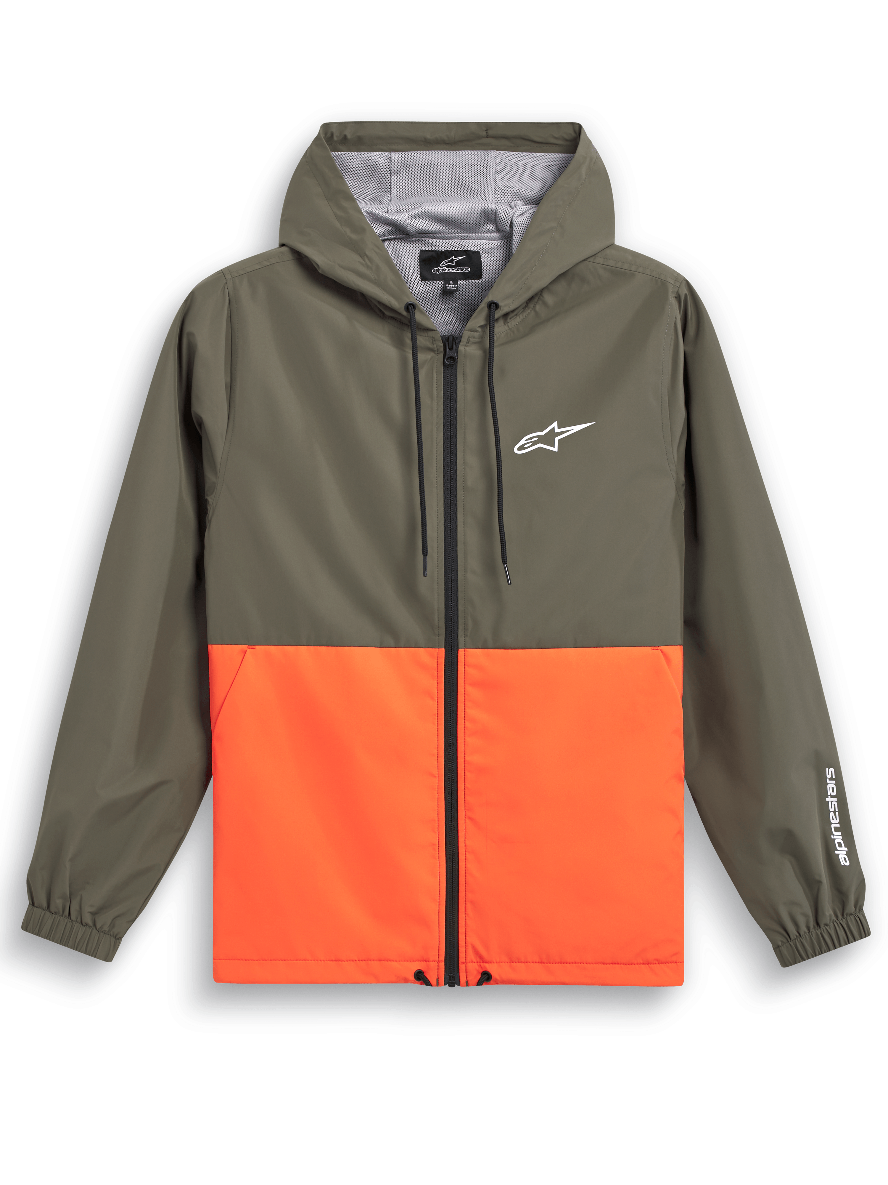 Alpinestars Speeder Windbreaker Jacket, avslappnade sportkläder, olivgrön och livfull orange färgblocksdesign, vit Astars-logotyp på bröst och ärm, huva med meshfoder, justerbara dragsnören, elastiska muddar