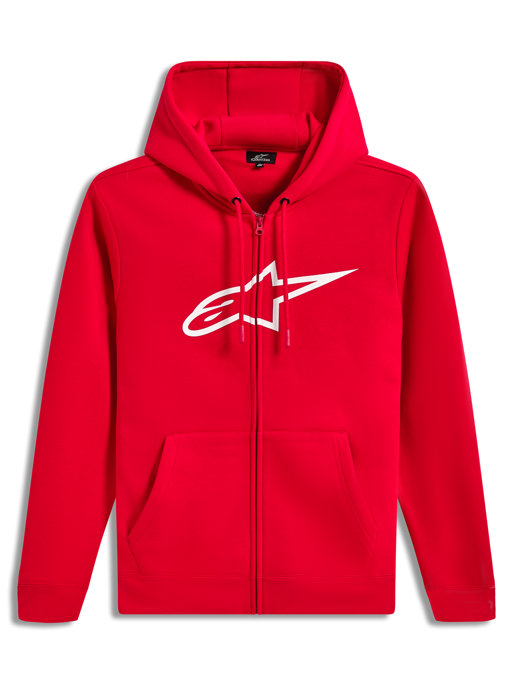 Alpinestars Ageless Zip V3 Hoodie, röd huvtröja med dragkedja och vit logotyp på bröstet, mjuk fleece.