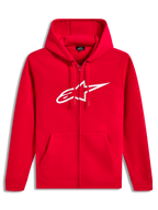 Alpinestars Ageless Zip V3 Hoodie, röd huvtröja med dragkedja och vit logotyp på bröstet, mjuk fleece.