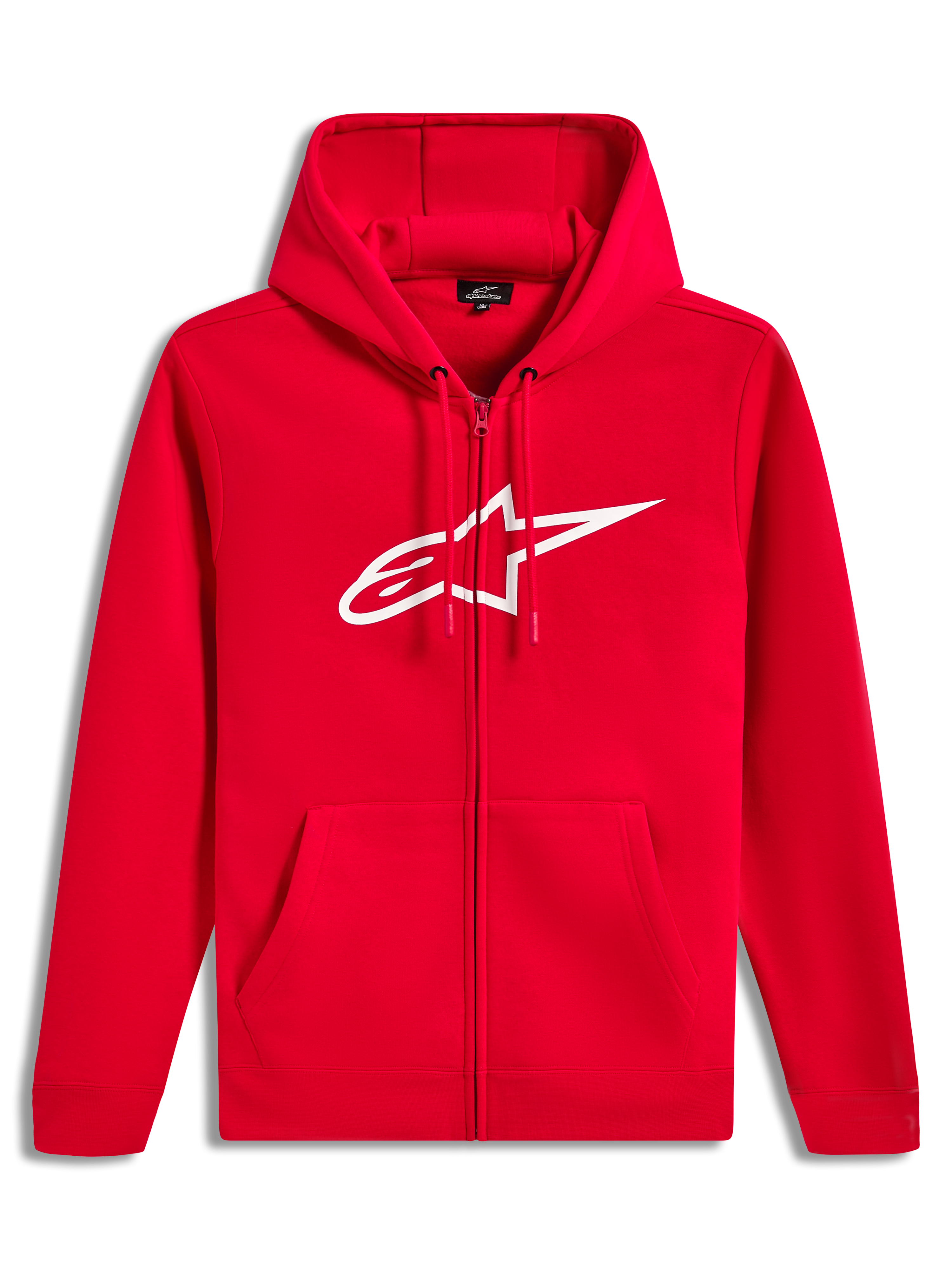 Alpinestars Ageless Zip V3 Hoodie, röd huvtröja med dragkedja och vit logotyp på bröstet, mjuk fleece.
