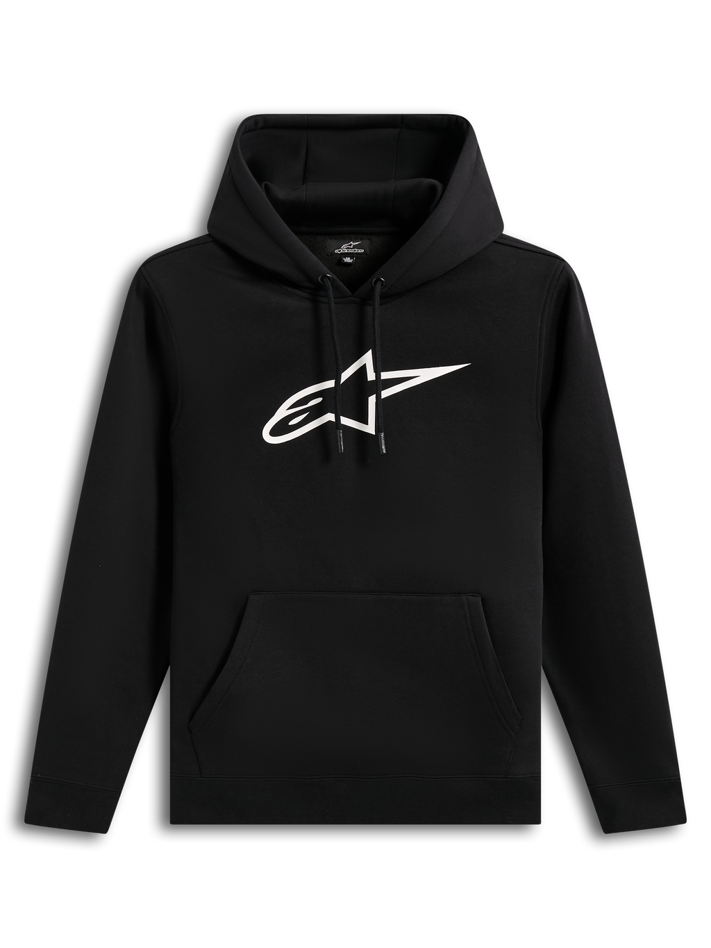 Alpinestars Ageless V3 hoodie, svart huvtröja med vit broderad logotyp och känguruficka, bekväm fleece.