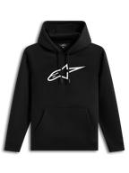 Alpinestars Ageless V3 hoodie, svart huvtröja med vit broderad logotyp och känguruficka, bekväm fleece.
