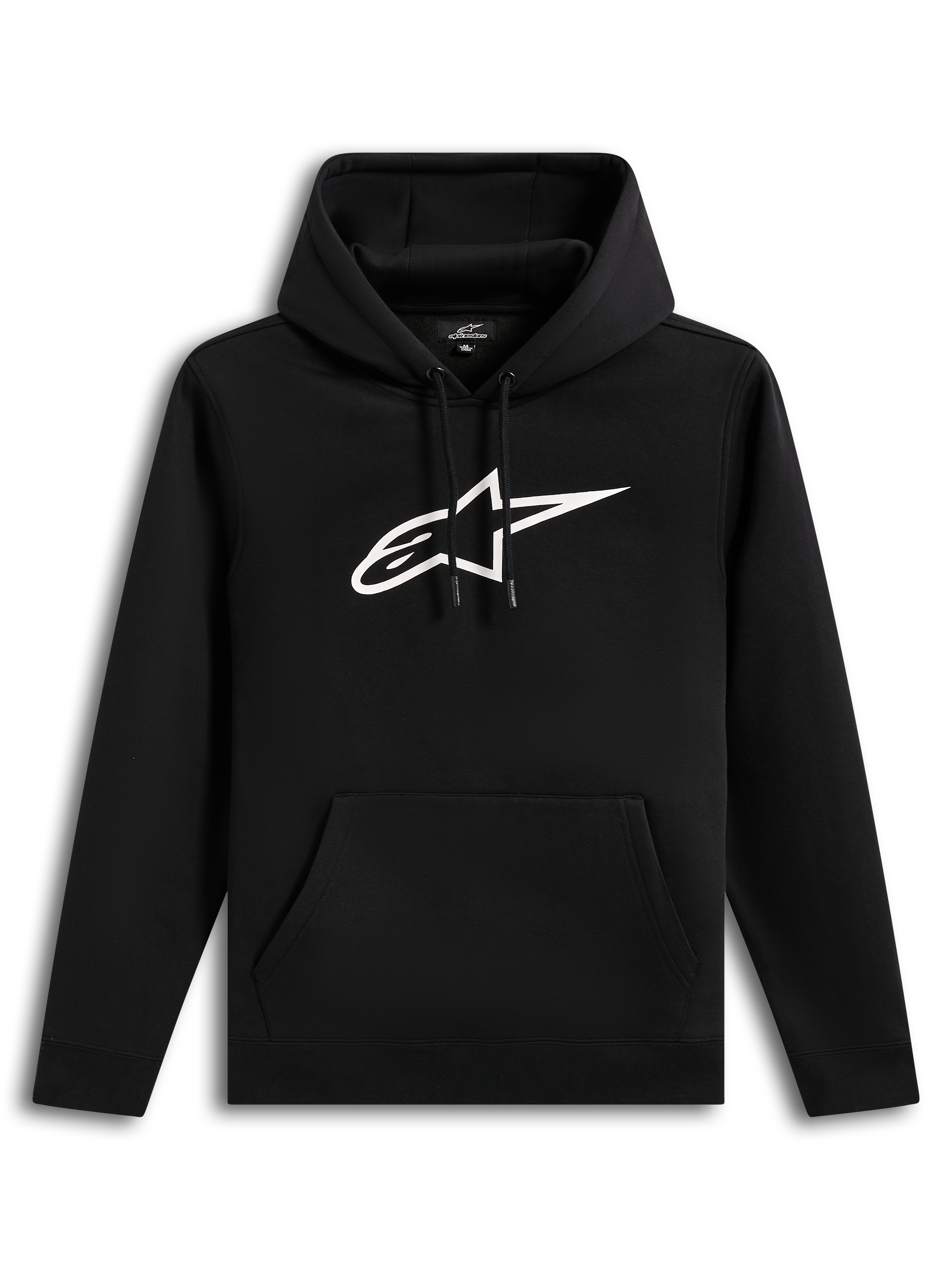 Alpinestars Ageless V3 hoodie, svart huvtröja med vit broderad logotyp och känguruficka, bekväm fleece.