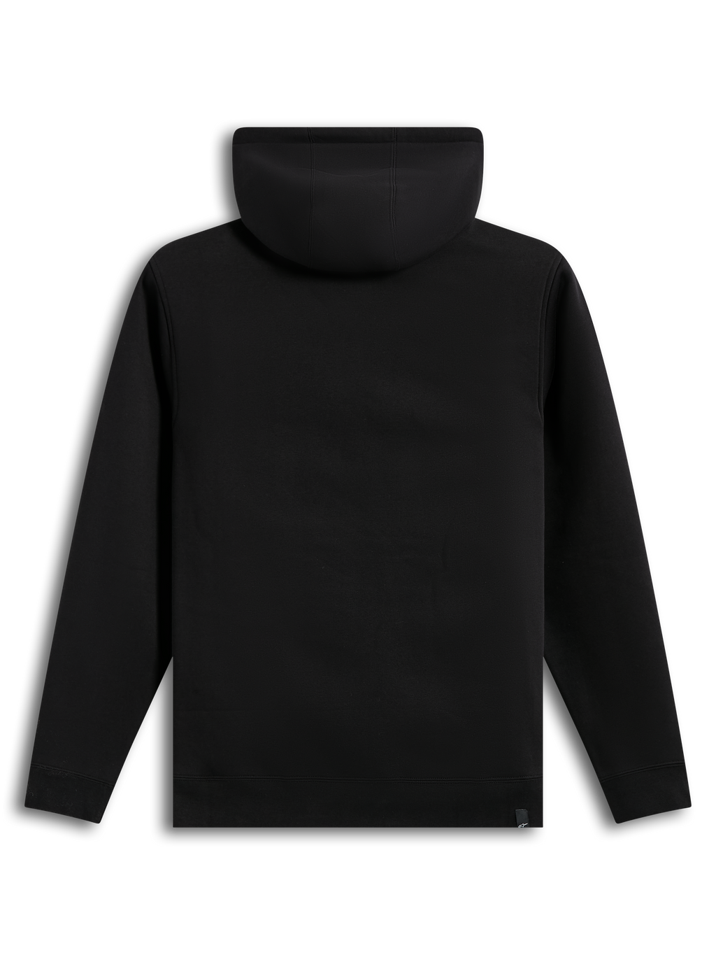 Alpinestars Ageless V3 Hoodie, baksida av svart fleecehuvtröja med ribbade muddar och fåll.