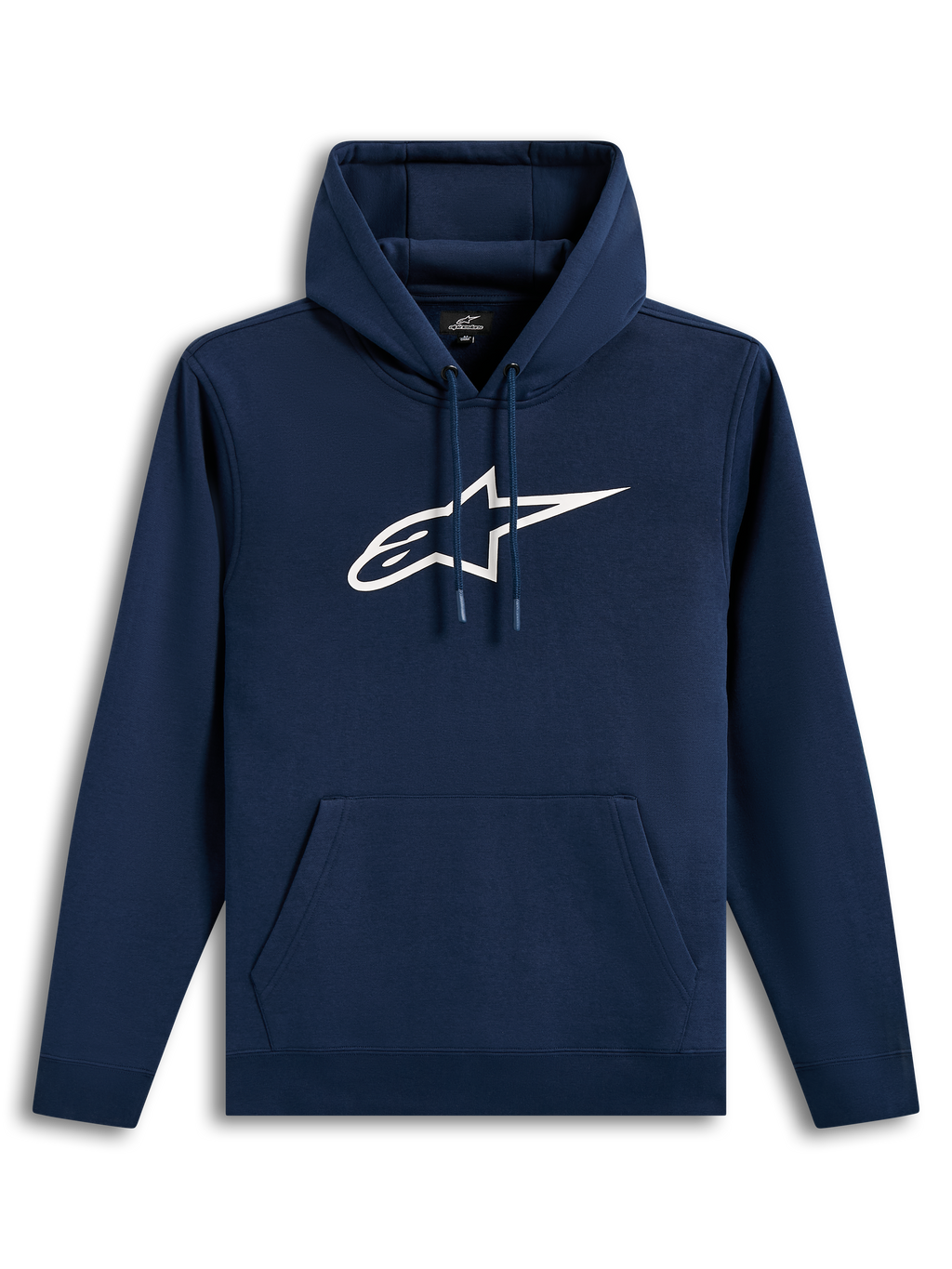 Alpinestars Ageless V3 Hoodie, mörkblå fleecehuvtröja med stor vit broderad logotyp på bröstet, bekväm design.