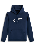 Alpinestars Ageless V3 Hoodie, mörkblå fleecehuvtröja med stor vit broderad logotyp på bröstet, bekväm design.