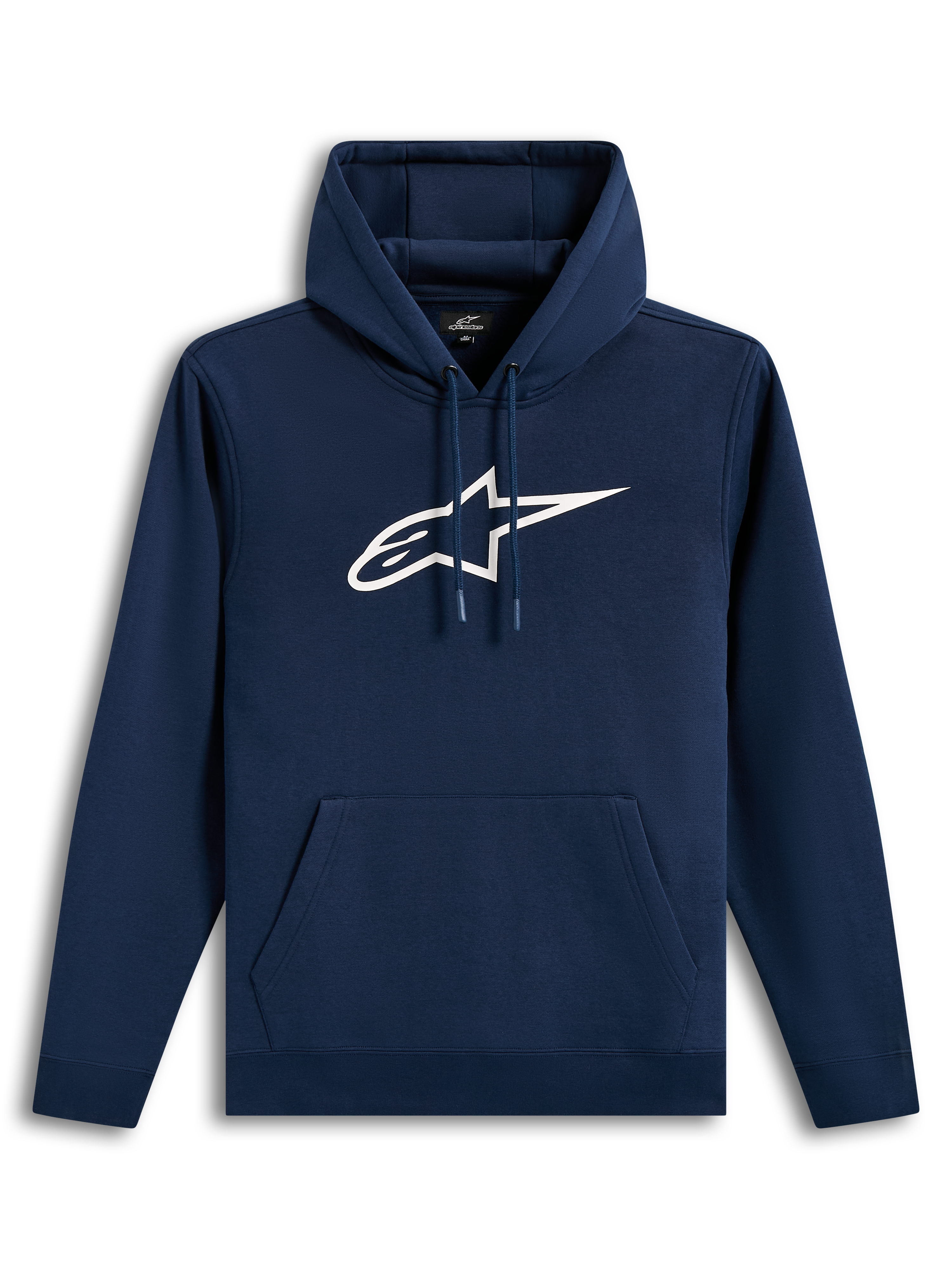 Alpinestars Ageless V3 Hoodie, mörkblå fleecehuvtröja med stor vit broderad logotyp på bröstet, bekväm design.