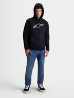 Alpinestars Ageless V3 huvtröja, herrhuvtröja i mjuk fleece för motorsport och vardagsbruk, svart och vit, broderad Alpinestars-logotyp på bröstet, huva med dragskor och ribbade muddar, visas på modell