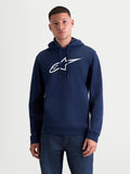 Alpinestars Ageless V3 huvtröja, bekväm sweatshirt för herrar, blå och vit, med en stor vit broderad Alpinestars-logotyp på bröstet, huva med dragsko och känguruficka fram