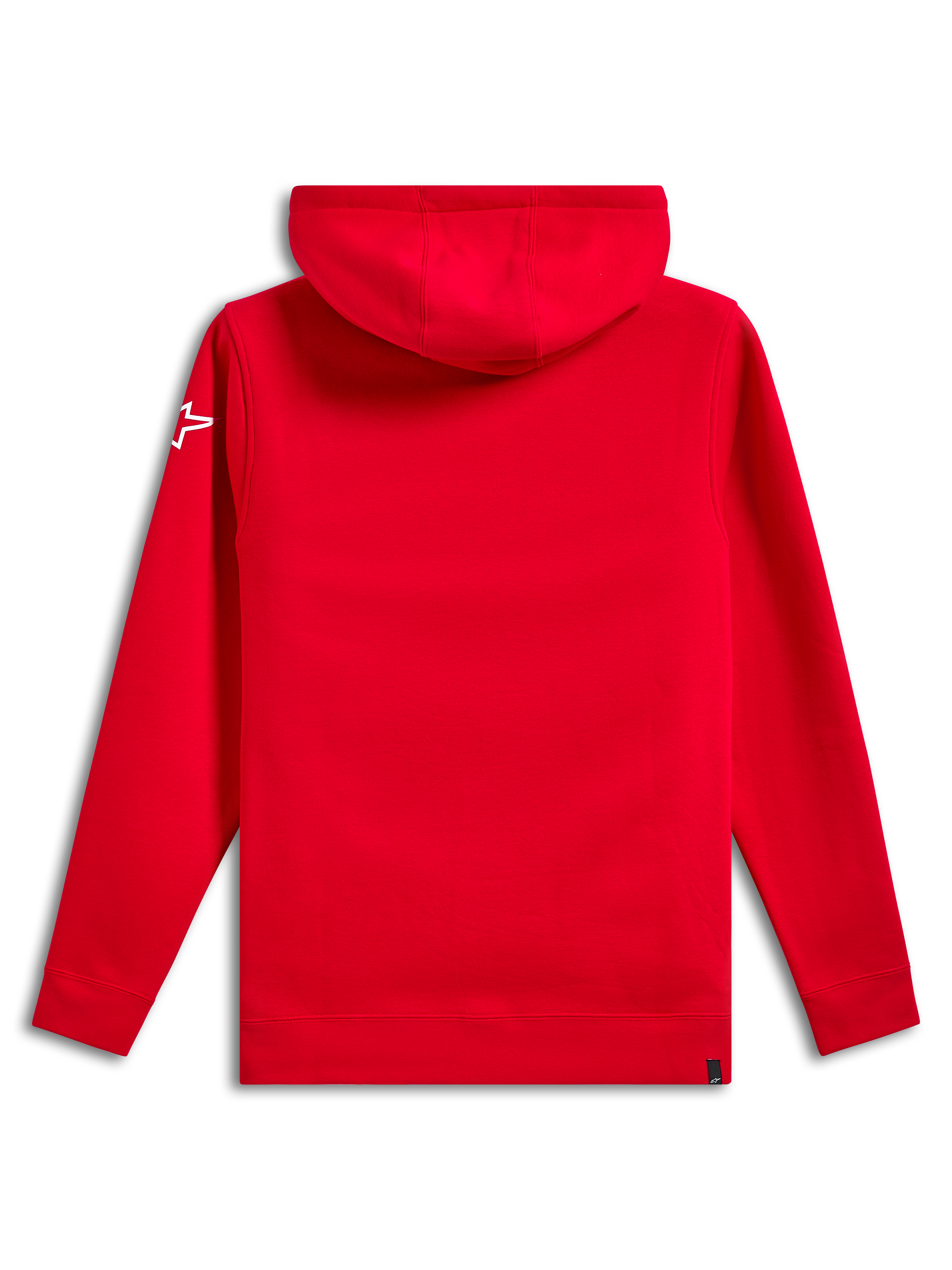 Alpinestars Linear Wordmark V3 Hoodie, back view, solid red, white Ageless star logo on the sleeve, hooded fleece pullover with ribbed cuffs and hem, casual motorsport streetwear