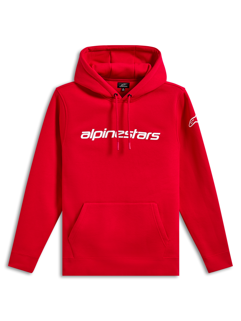 Alpinestars Linear Wordmark V3 Hoodie, casual streetwear, red with white Alpinestars wordmark on chest, white Ageless logo on sleeve, drawstring hood, kangaroo pocket, ribbed cuffs and hem