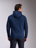 Alpinestars Ride V3 Hoodie, navy blue pullover fleece, back view showing solid blue design with jersey-lined hood, rib-knit cuffs and hem, casual motorsport streetwear