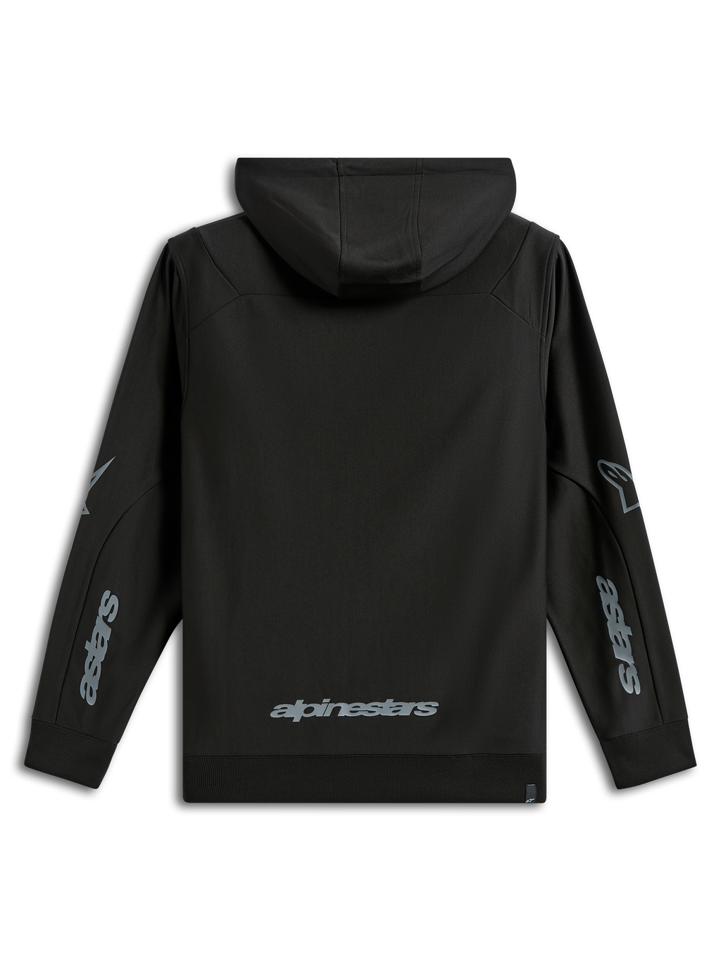Alpinestars Sessions V3 Hoodie, casual sportswear, Black with gray branding, back view featuring Alpinestars wordmark on the lower back and Astars graphics on the sleeves, hooded poly fleece with ribbed cuffs, modern motorsport-inspired design
