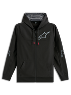 Alpinestars Sessions V3 Hoodie, full-zip black poly fleece hoodie, grey Alpinestars star logo on chest and elbows, red-tipped drawcords, mesh-lined hood, casual motorsport streetwear