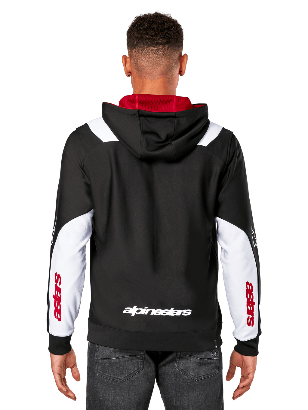 Alpinestars Sessions V3 Hoodie, baksida, svart med vita ärmpaneler och rött foder i huvan, med vitt ordmärke på ryggen och röd logotyp på ärmarna, vardaglig motorsportinspirerad streetwear
