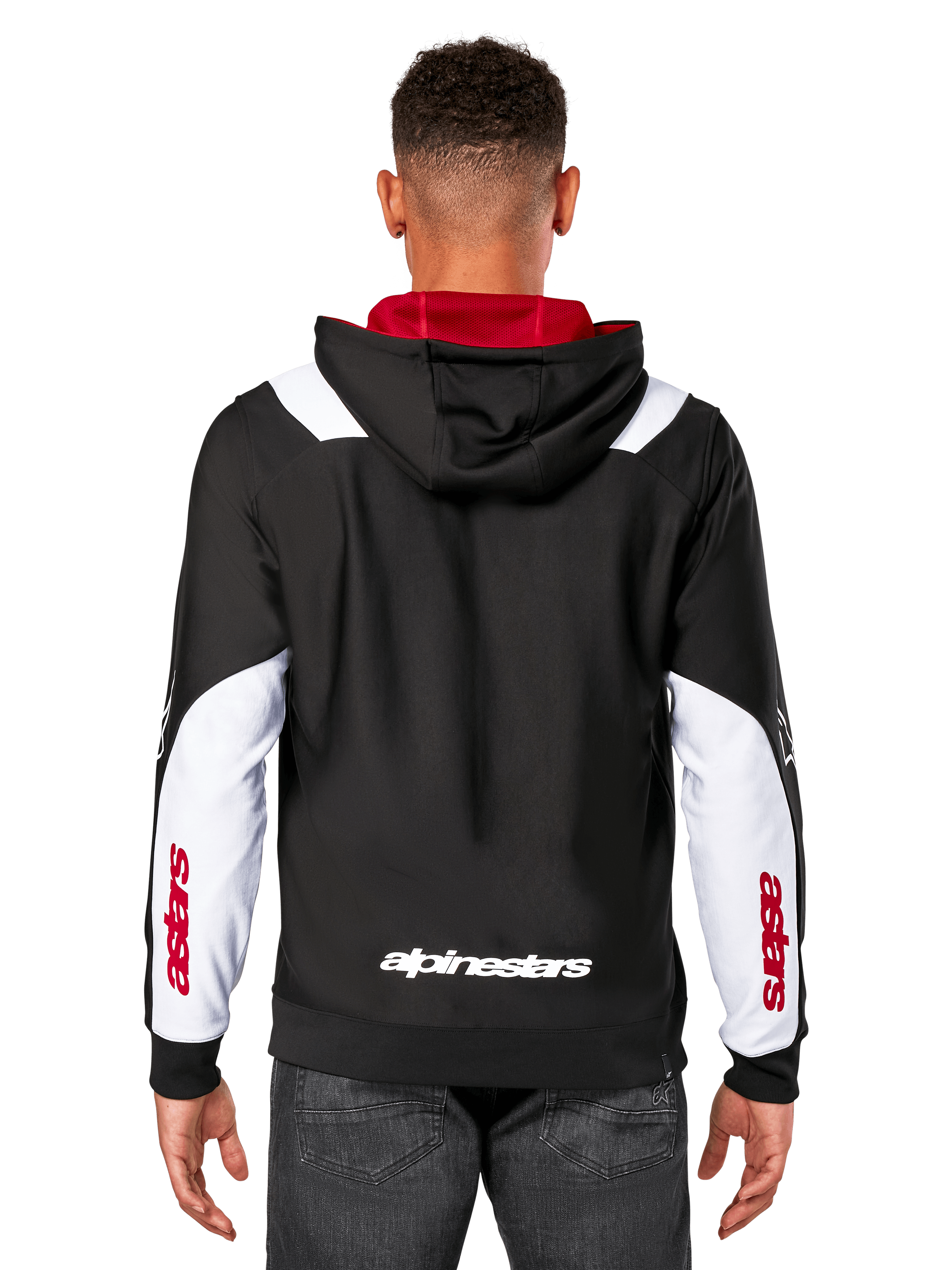 Alpinestars Sessions V3 Hoodie, baksida, svart med vita ärmpaneler och rött foder i huvan, med vitt ordmärke på ryggen och röd logotyp på ärmarna, vardaglig motorsportinspirerad streetwear