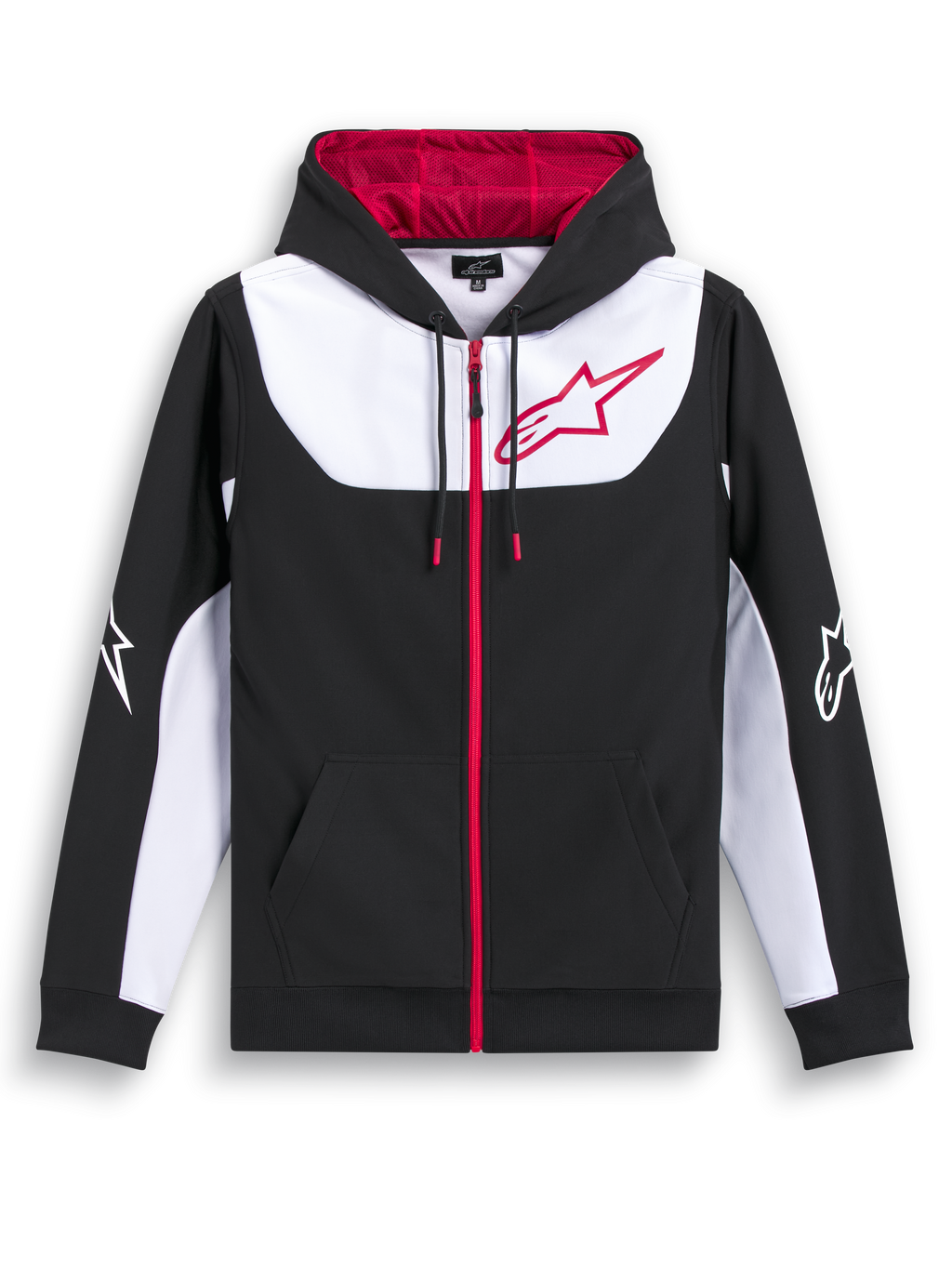 Alpinestars Sessions V3 Hoodie, zip-front sportswear sweatshirt in black, white, and red, featuring a mesh-lined hood and large chest logo
