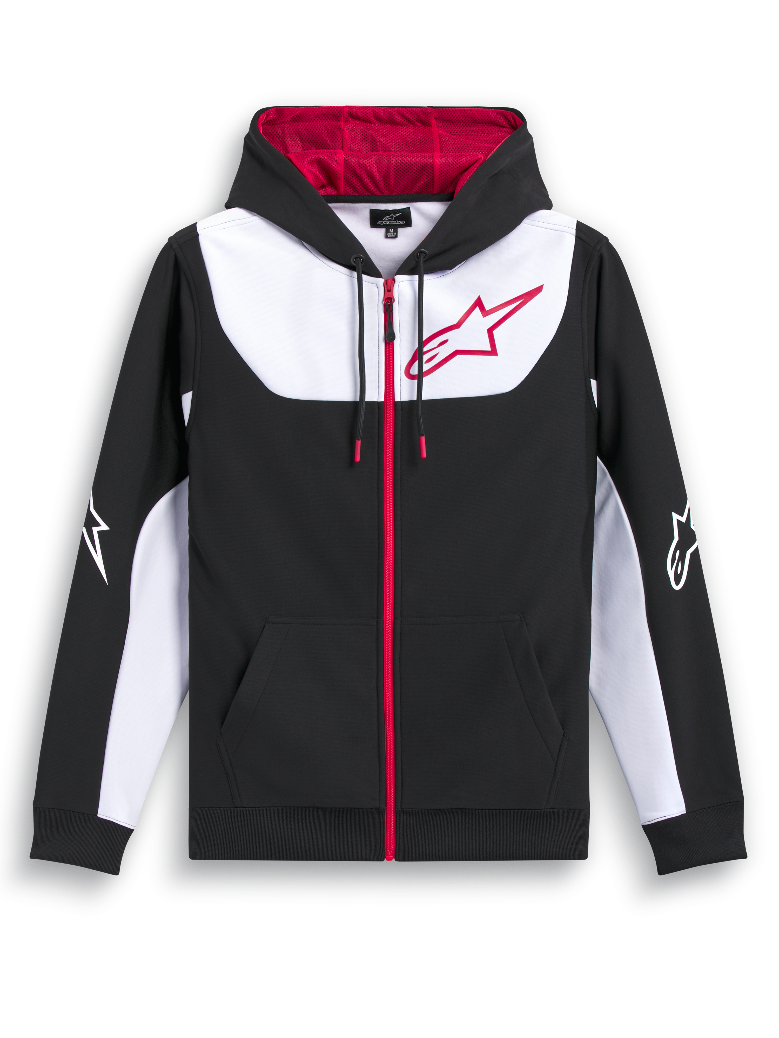 Alpinestars Sessions V3 Hoodie, zip-front sportswear sweatshirt in black, white, and red, featuring a mesh-lined hood and large chest logo