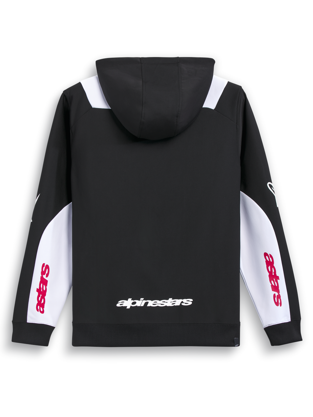 Alpinestars Sessions V3 Hoodie, Black, White and Red sportswear zip hoodie, rear view showing back wordmark print and white sleeve panels