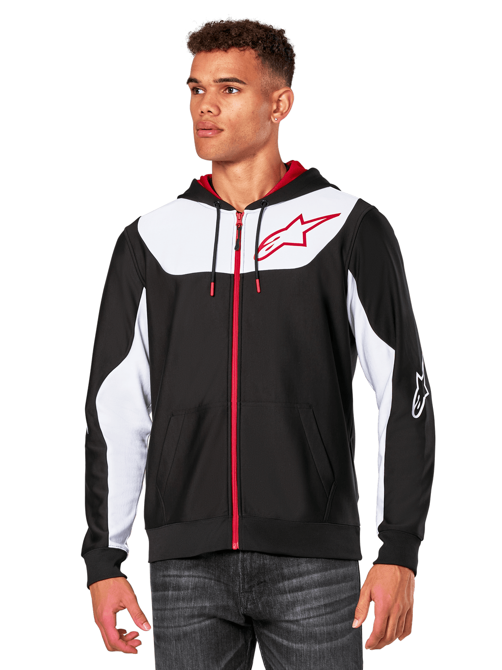 Alpinestars Sessions V3 Hoodie, huvtröja med dragkedja framtill, svart med vita paneler och röda detaljer, röd dragkedja, meshfodrad huva och Alpinestars stjärnlogotyp på bröstet, avslappnat motorsport-inspirerat streetwear