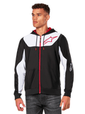 Alpinestars Sessions V3 Hoodie, huvtröja med dragkedja framtill, svart med vita paneler och röda detaljer, röd dragkedja, meshfodrad huva och Alpinestars stjärnlogotyp på bröstet, avslappnat motorsport-inspirerat streetwear