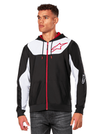 Alpinestars Sessions V3 Hoodie, huvtröja med dragkedja framtill, svart med vita paneler och röda detaljer, röd dragkedja, meshfodrad huva och Alpinestars stjärnlogotyp på bröstet, avslappnat motorsport-inspirerat streetwear