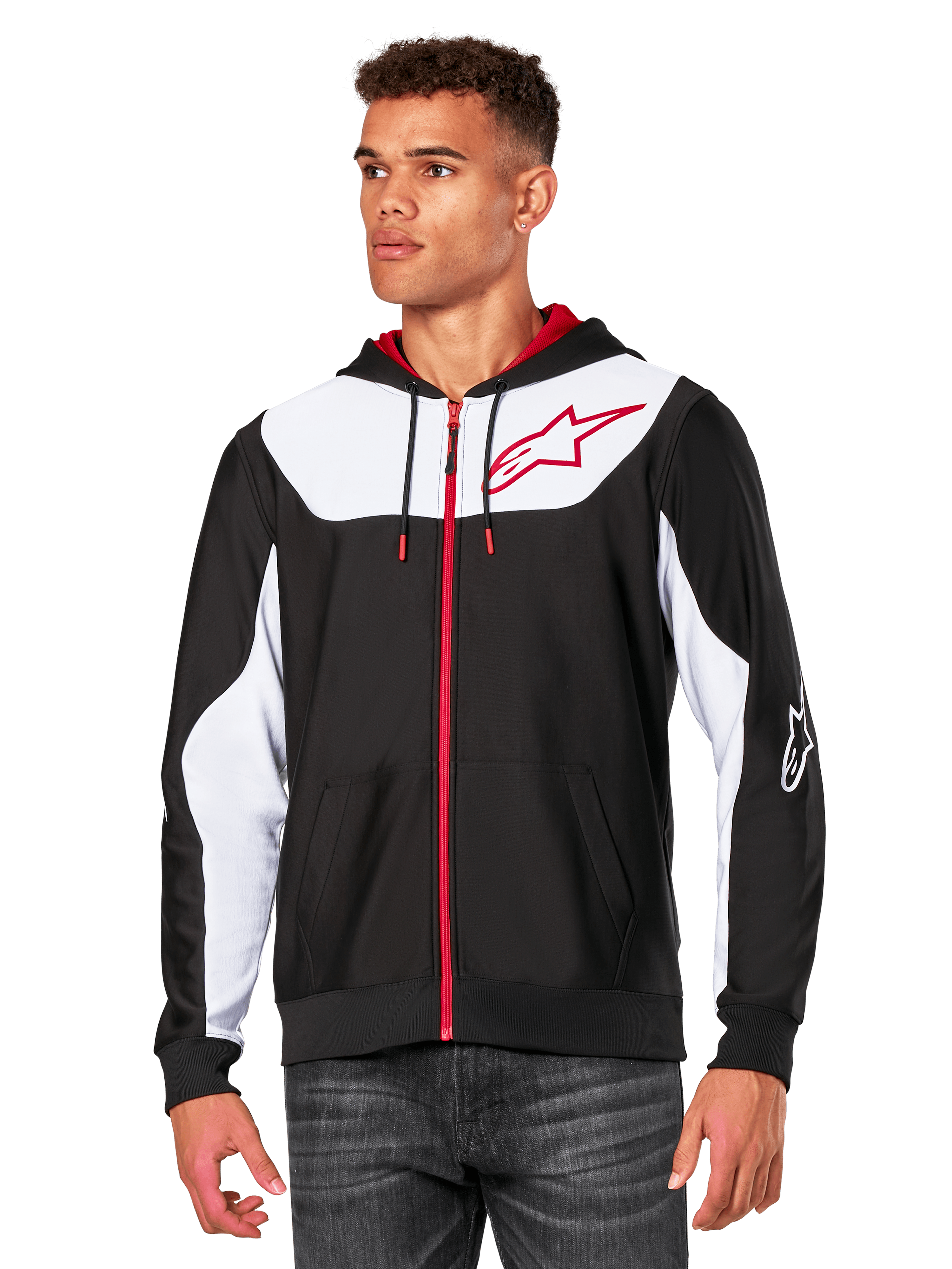 Alpinestars Sessions V3 Hoodie, huvtröja med dragkedja framtill, svart med vita paneler och röda detaljer, röd dragkedja, meshfodrad huva och Alpinestars stjärnlogotyp på bröstet, avslappnat motorsport-inspirerat streetwear