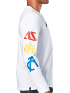 Alpinestars Brundo CSF Tee, Long Sleeve T-Shirt, White, side profile view showing multi-colored graphics on the sleeve in red, yellow, and blue, casual motorsport streetwear