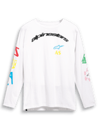 Alpinestars Brundo CSF Tee, Long Sleeve T-Shirt, White, featuring colorful multi-mix logo graphics on chest and sleeves, arched black Alpinestars branding, casual motorsport streetwear
