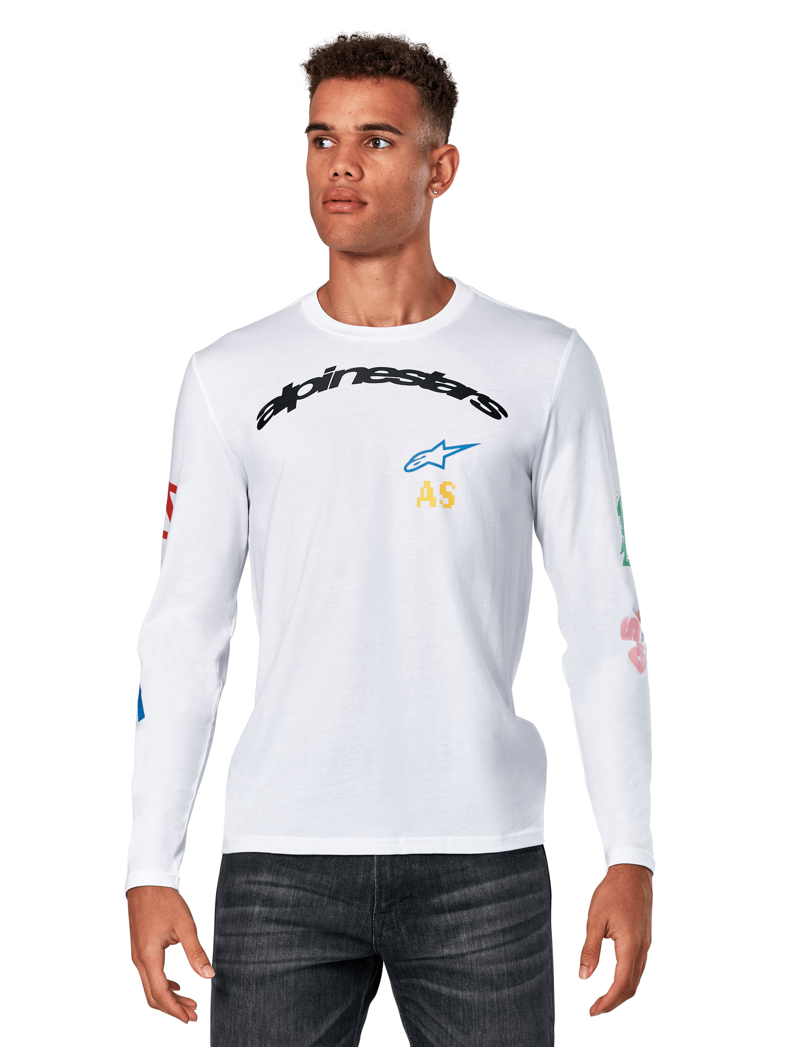 Alpinestars Brundo CSF Long Sleeve Tee, White, arched black Alpinestars logo with blue star and yellow AS initials, colorful graphic prints on sleeves, Men's casual motorsport streetwear