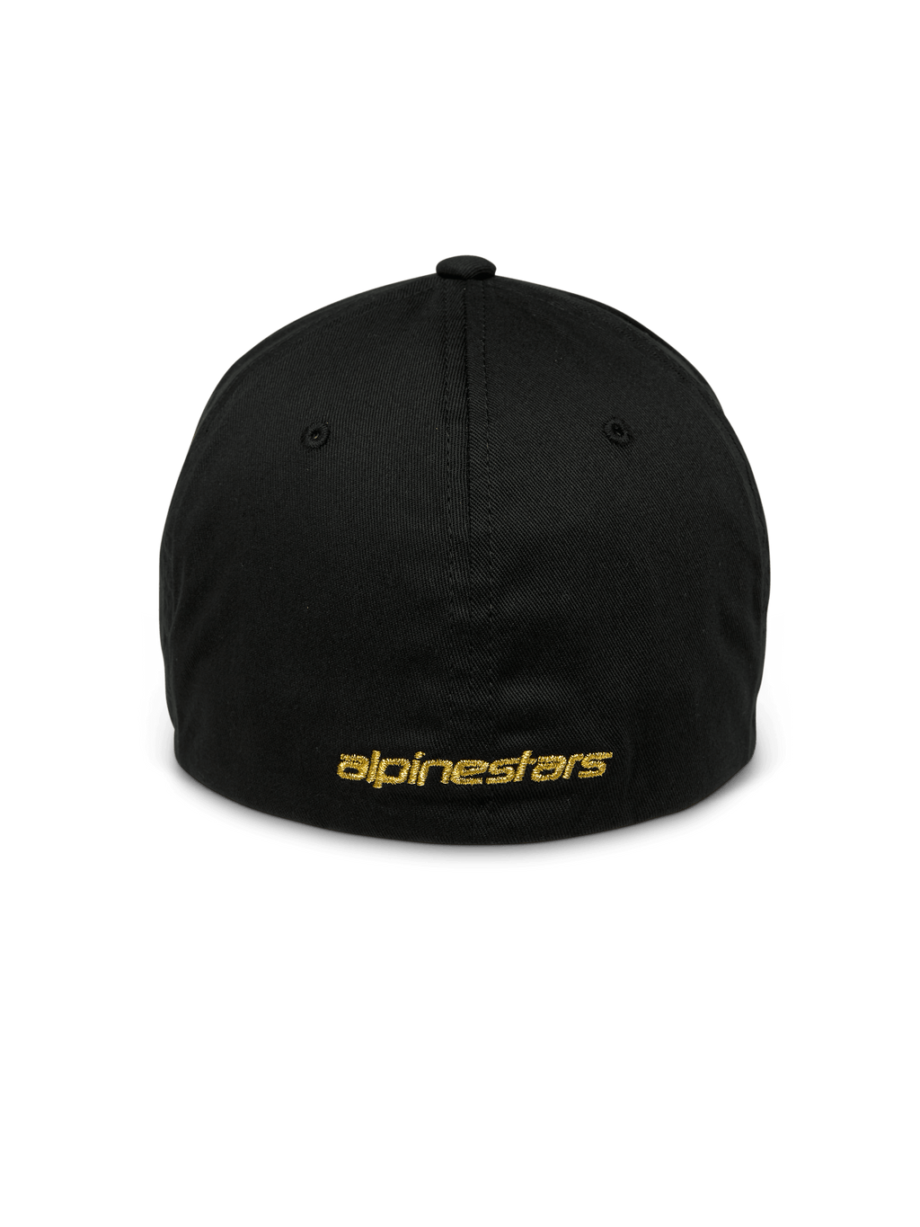 Alpinestars Gild keps, svart sportswear-keps, baksida med platt Alpinestars-broderi i guldmetallic, stängd design med flexibelt bakstycke, strukturerad krona, vardaglig motorsportinspirerad huvudbonad