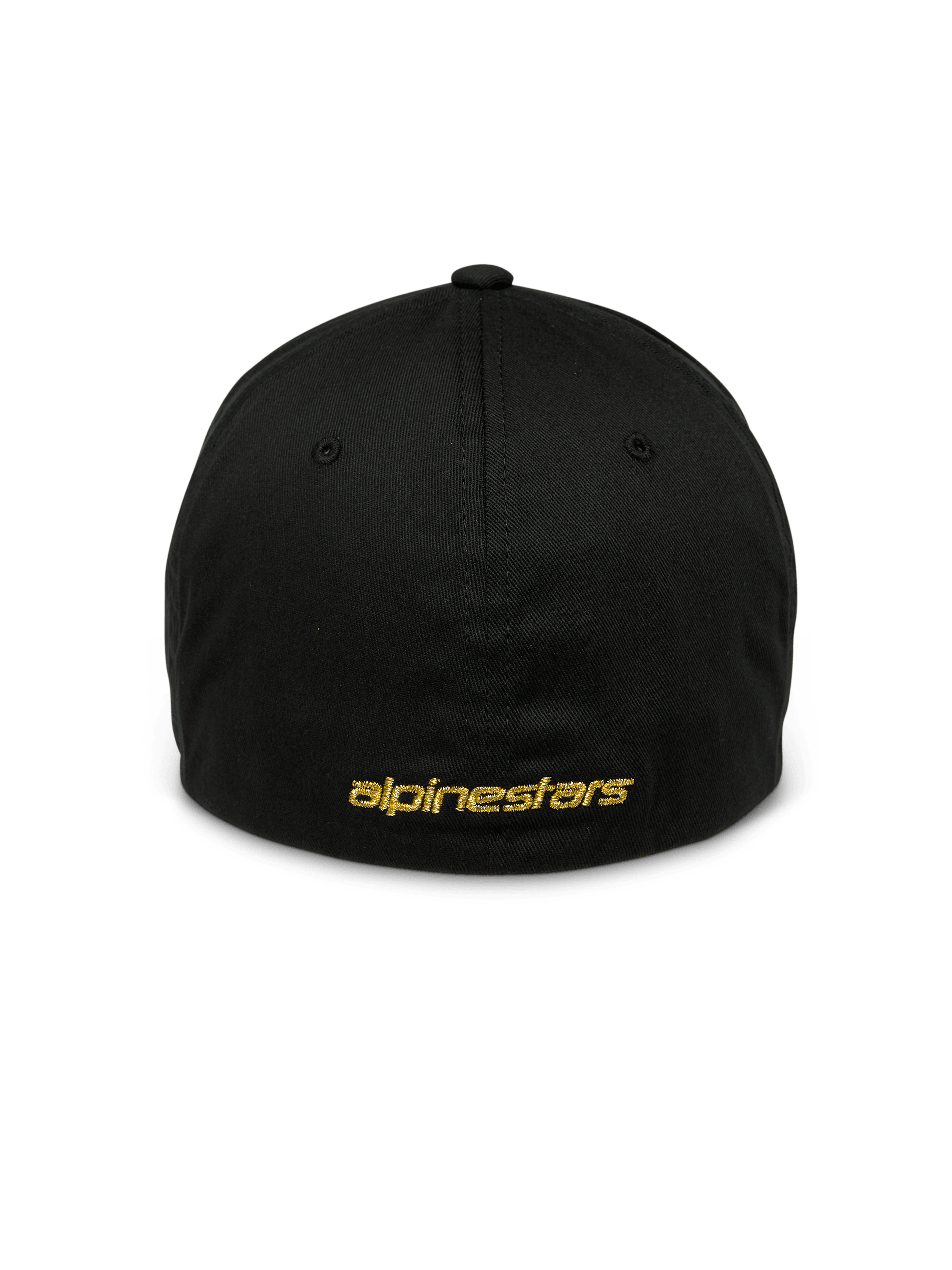 Alpinestars Gild keps, svart sportswear-keps, baksida med platt Alpinestars-broderi i guldmetallic, stängd design med flexibelt bakstycke, strukturerad krona, vardaglig motorsportinspirerad huvudbonad